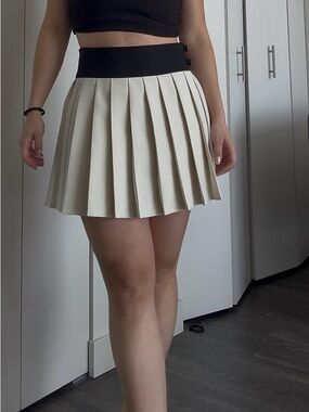 Nasty Gal Cream Pleated Skater Skirt with Black Waistband